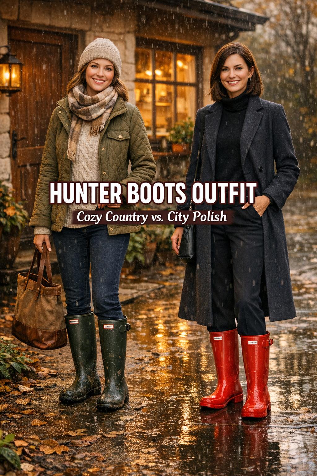 Hunter boots outfit comparison in rainy autumn, cozy country look beside city polish with warm café glow