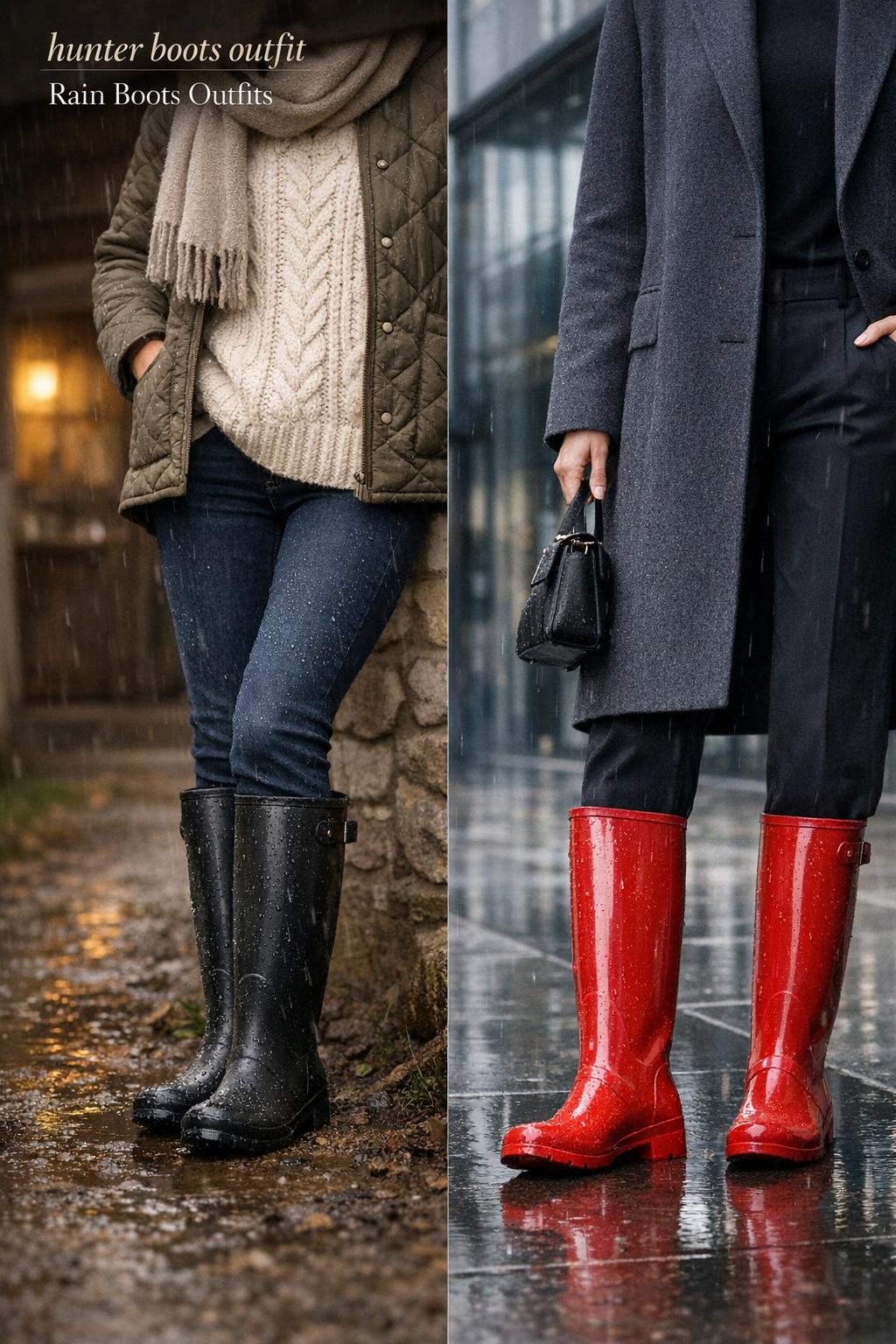 Hunter boots outfit rainy day style guide with country and city looks in one editorial photo, wet textures and reflections.
