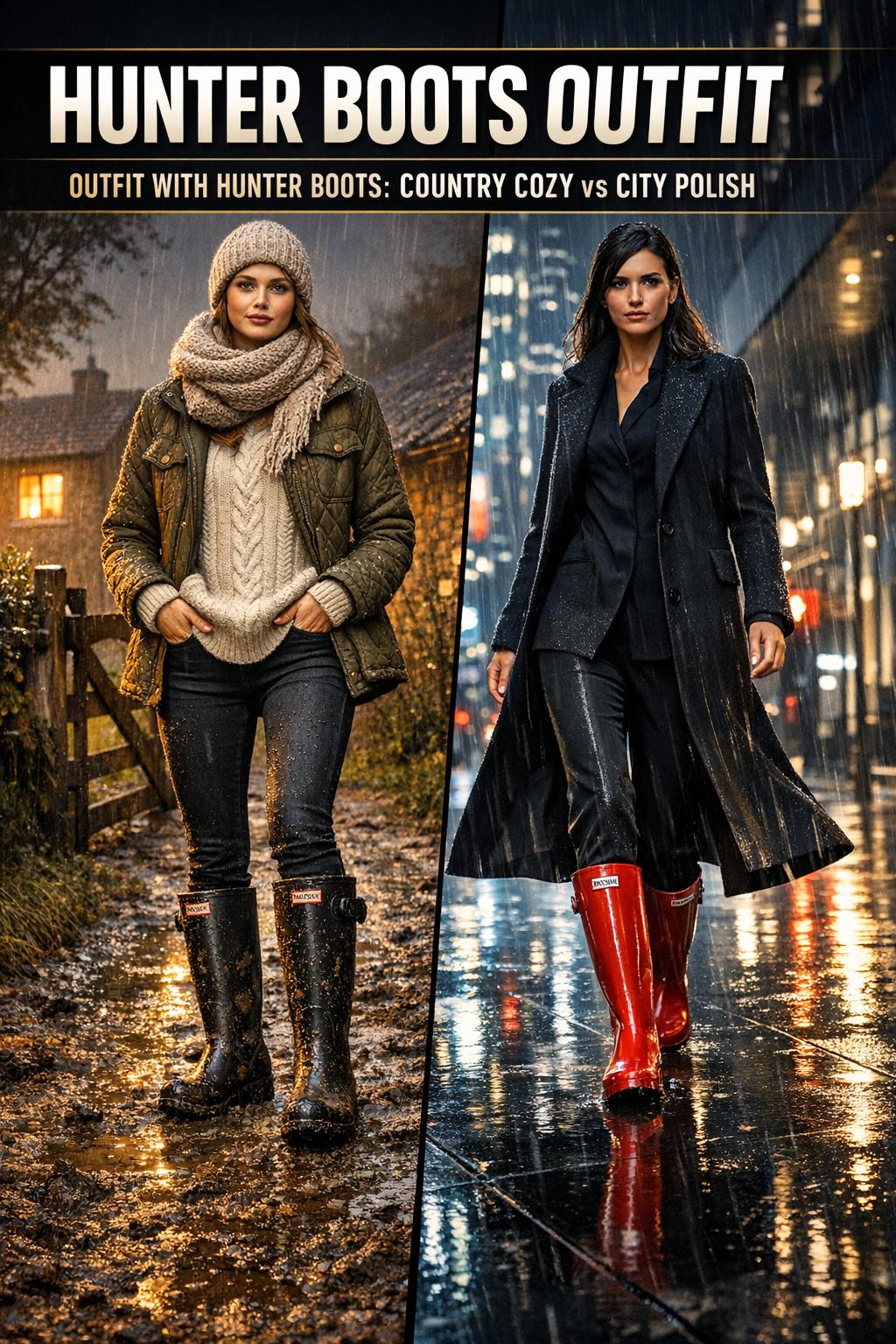Hunter boots outfit styled with a classic trench coat and skinny jeans on a rainy city street