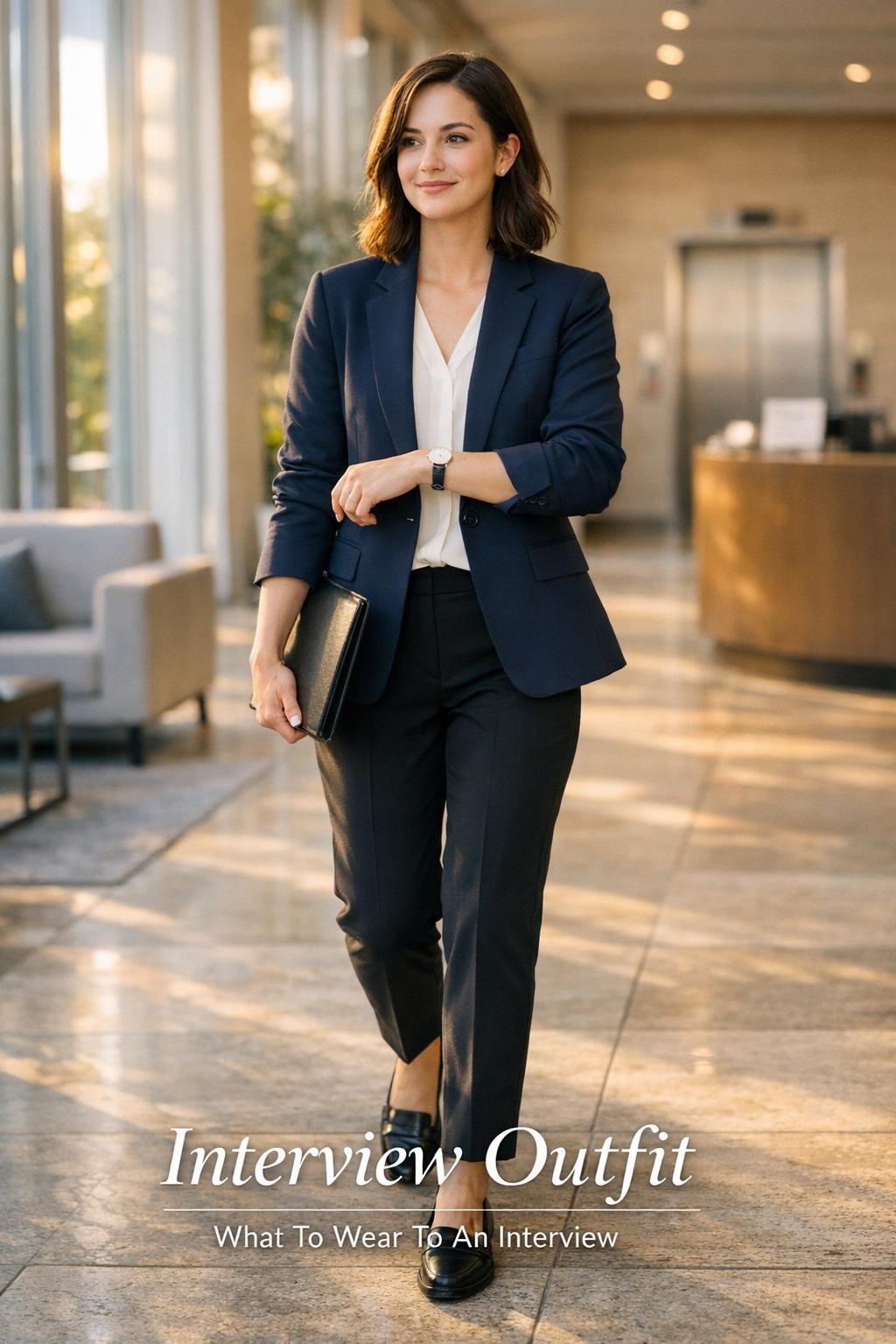 Interview outfit in a modern office lobby: professional in navy blazer and white blouse holding a portfolio in golden-hour light