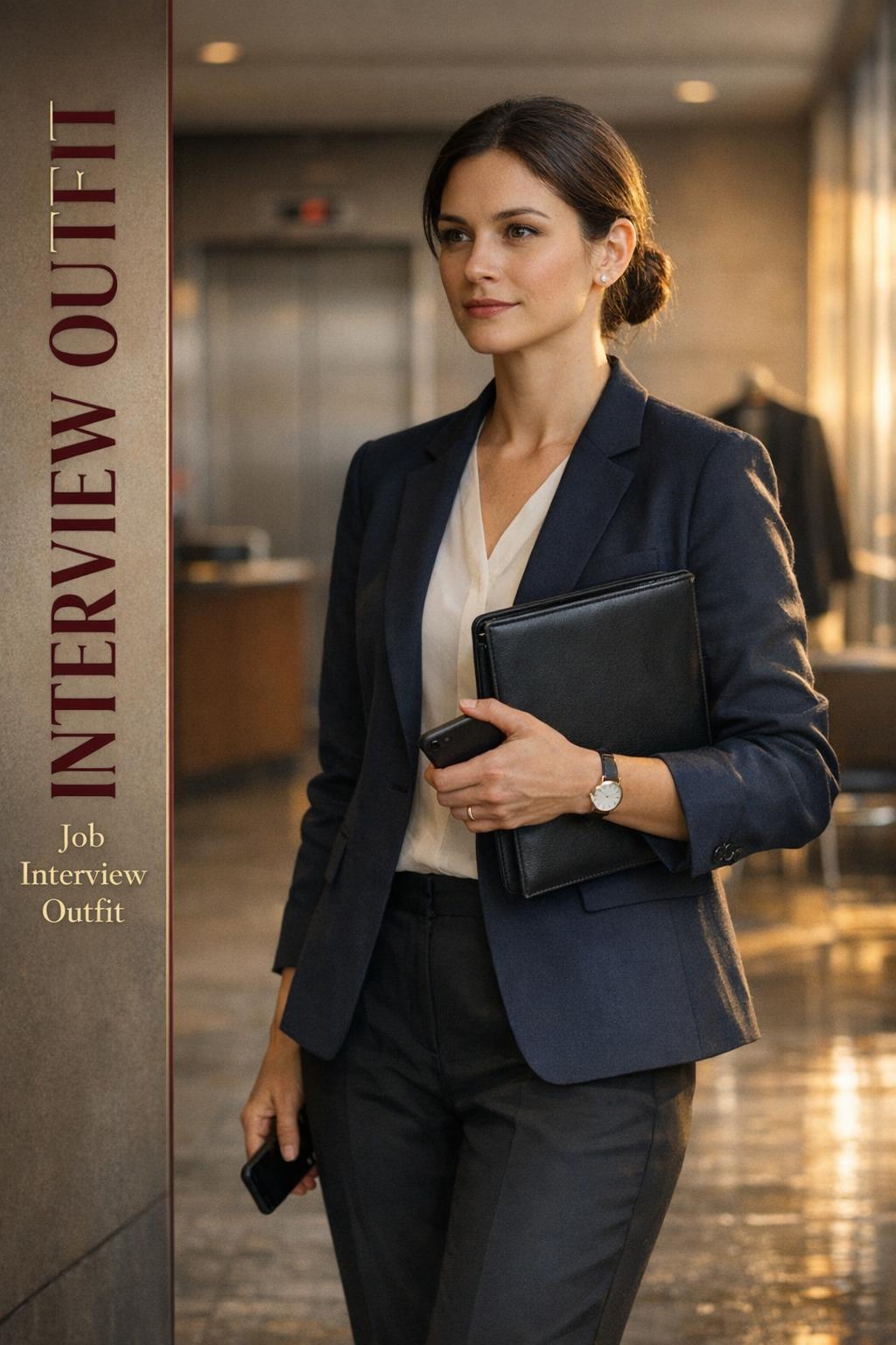 Professional woman in a U.S. office lobby wearing an interview outfit with navy blazer, ivory blouse, and black trousers