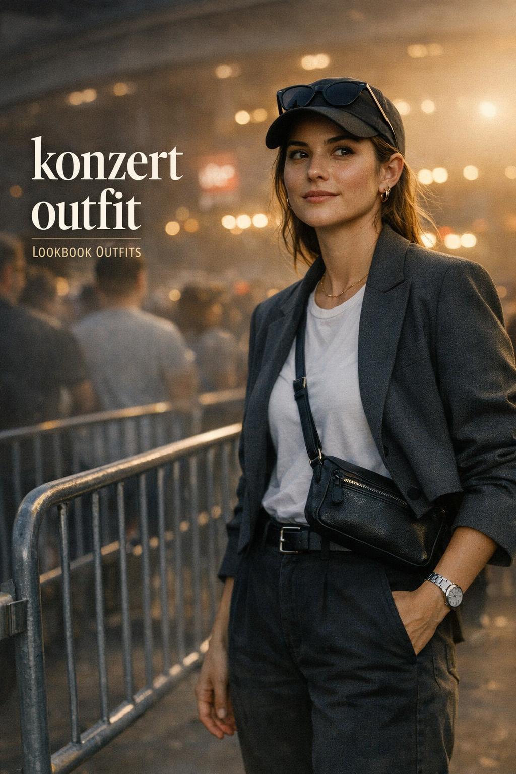 Konzert outfit with white tee, charcoal blazer and black trousers outside stadium entrance at golden-hour dusk