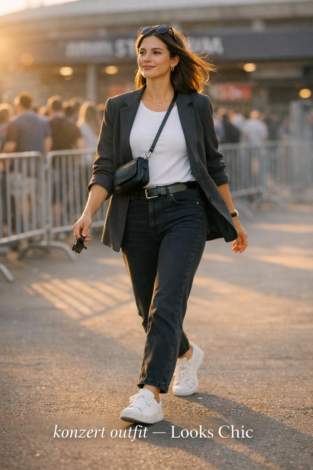 Konzert outfit at golden hour: stylish woman in blazer and black jeans walking toward a stadium entrance.