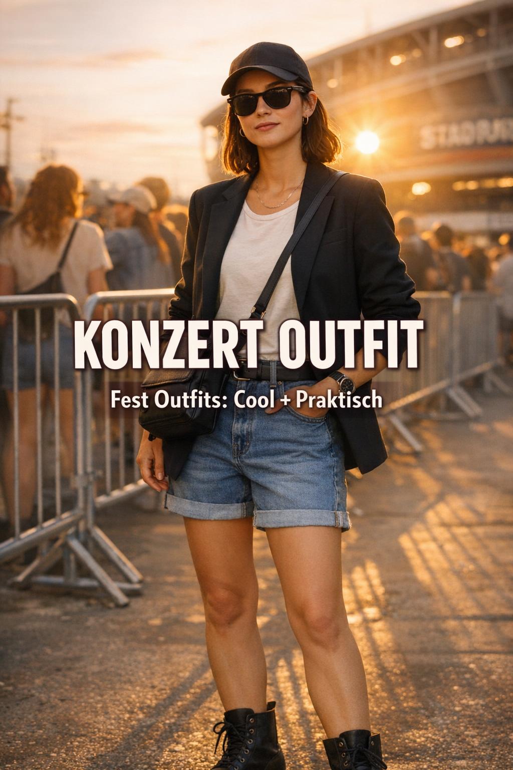 Konzert Outfit bei Sonnenuntergang vor dem Venue-Eingang mit Blazer, Denim und Crossbody-Bag in der Schlange