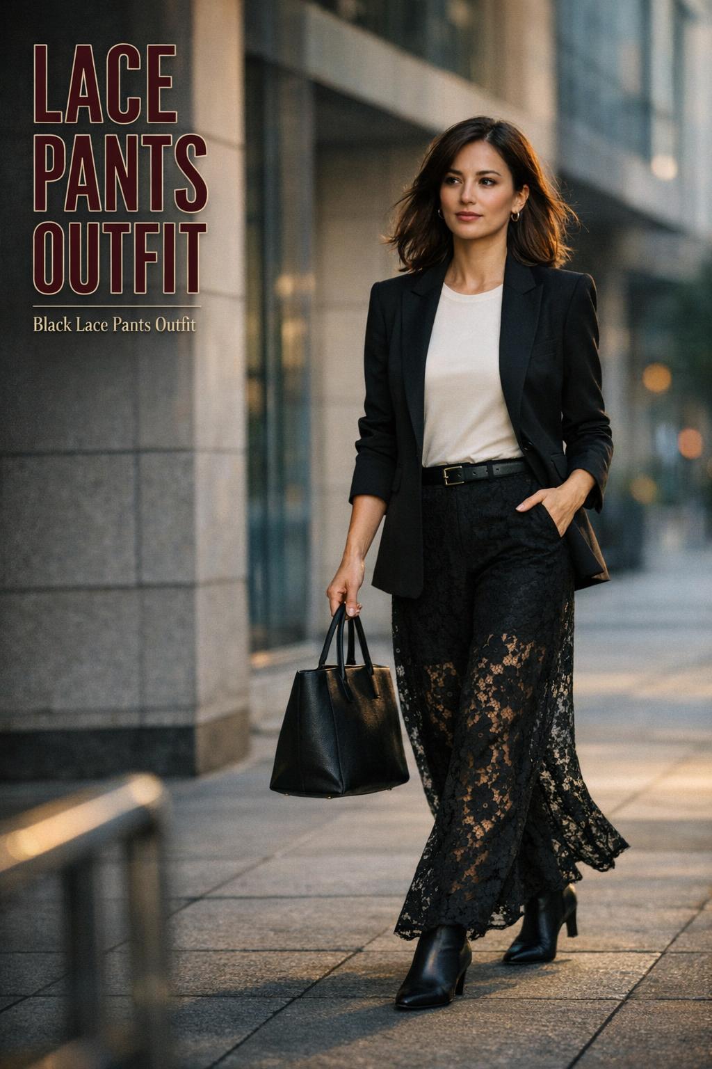 Lace pants outfit on a stylish woman in black wide-leg lace pants, blazer, and ivory top walking on a modern city sidewalk.