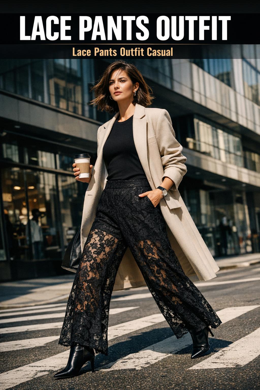 Lace pants outfit styled with a chic blouse and heels for an elegant street look