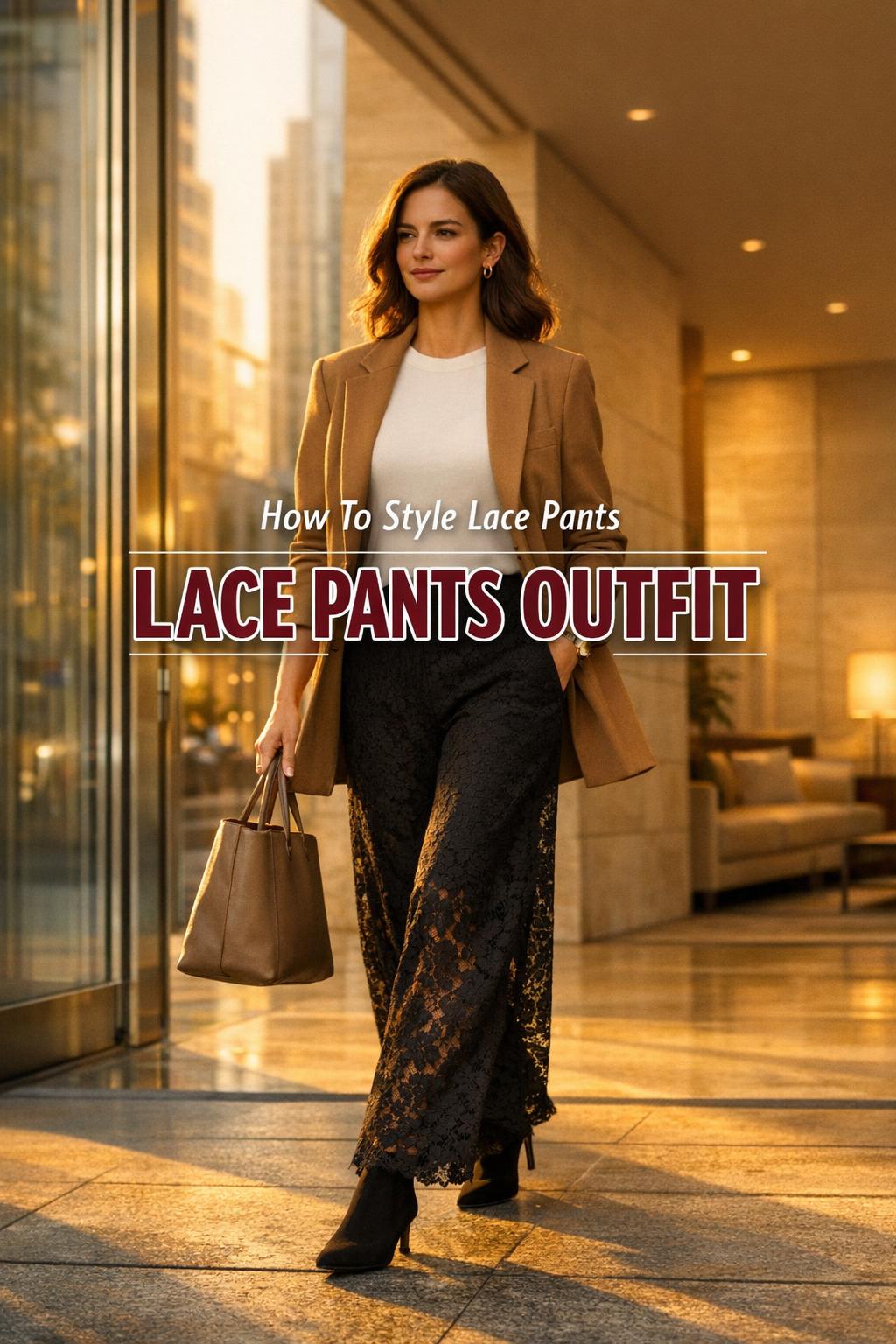 Stylish woman walking in a modern city lobby wearing a lace pants outfit with camel blazer and ivory top in golden-hour light
