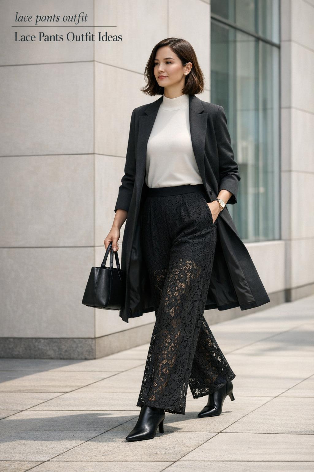 Lace pants outfit on a modern city sidewalk with a woman in black wide-leg lace pants, ivory top, and charcoal coat.