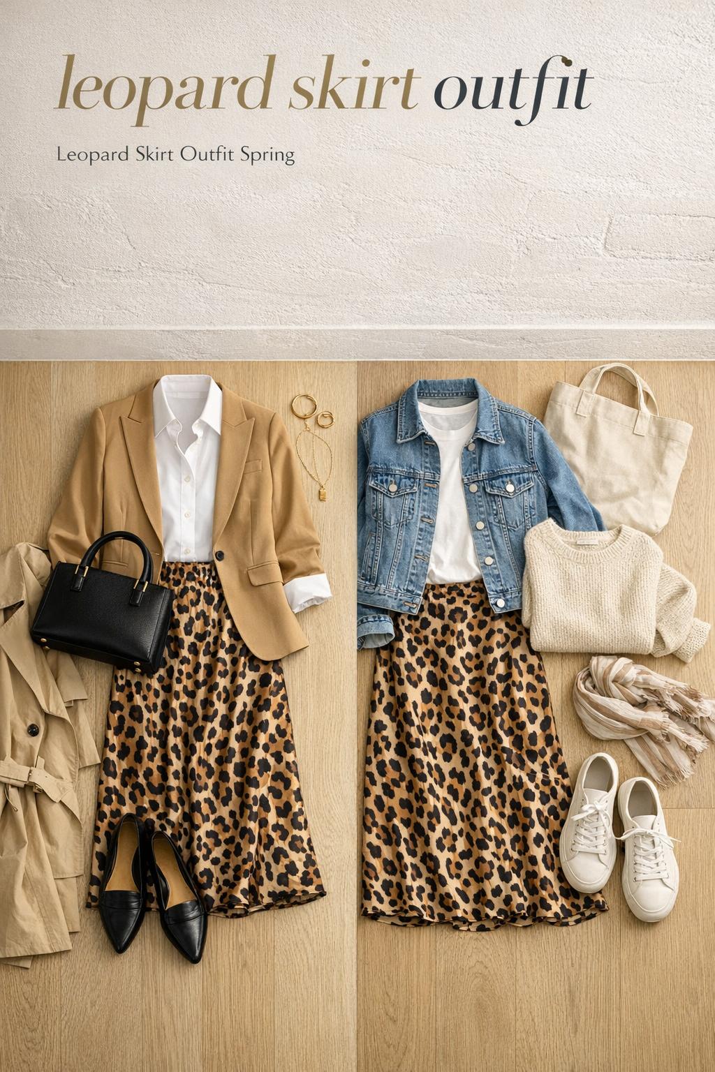 Leopard skirt outfit editorial photo with polished blazer and casual denim looks in a bright neutral studio with text overlay