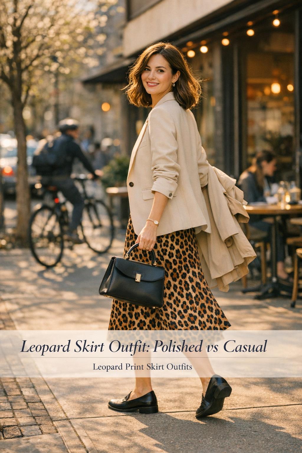 Leopard skirt outfit on a stylish woman in a camel blazer walking past a modern cafe in golden-hour spring light.