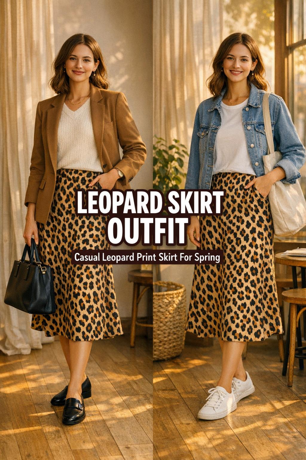 Leopard skirt outfit in a golden-hour city apartment, showing polished blazer look and casual tee look with central text overlay