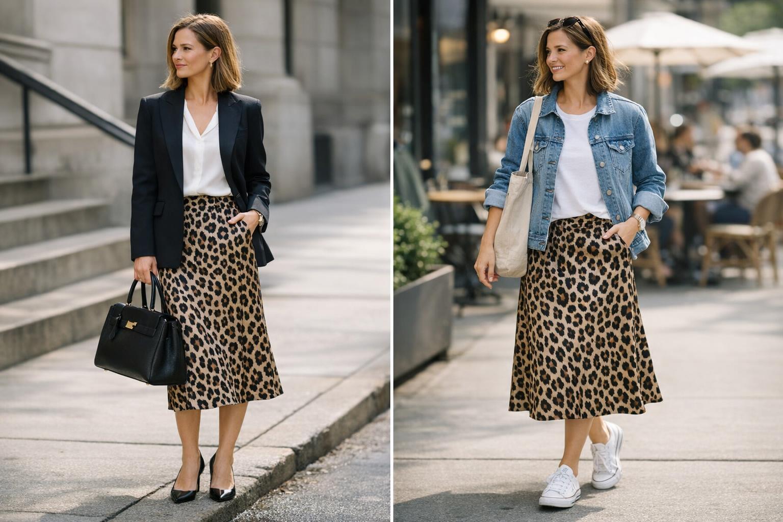 Leopard skirt outfit with tailored blazer and casual sneakers for spring styling