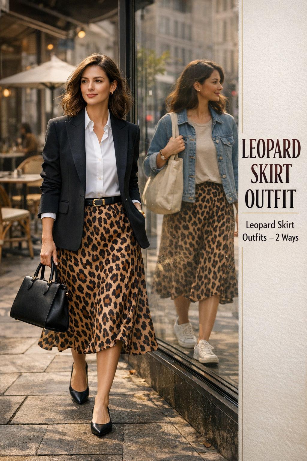 Leopard skirt outfit on a stylish woman walking past a café, with a second casual look reflected in a storefront window.