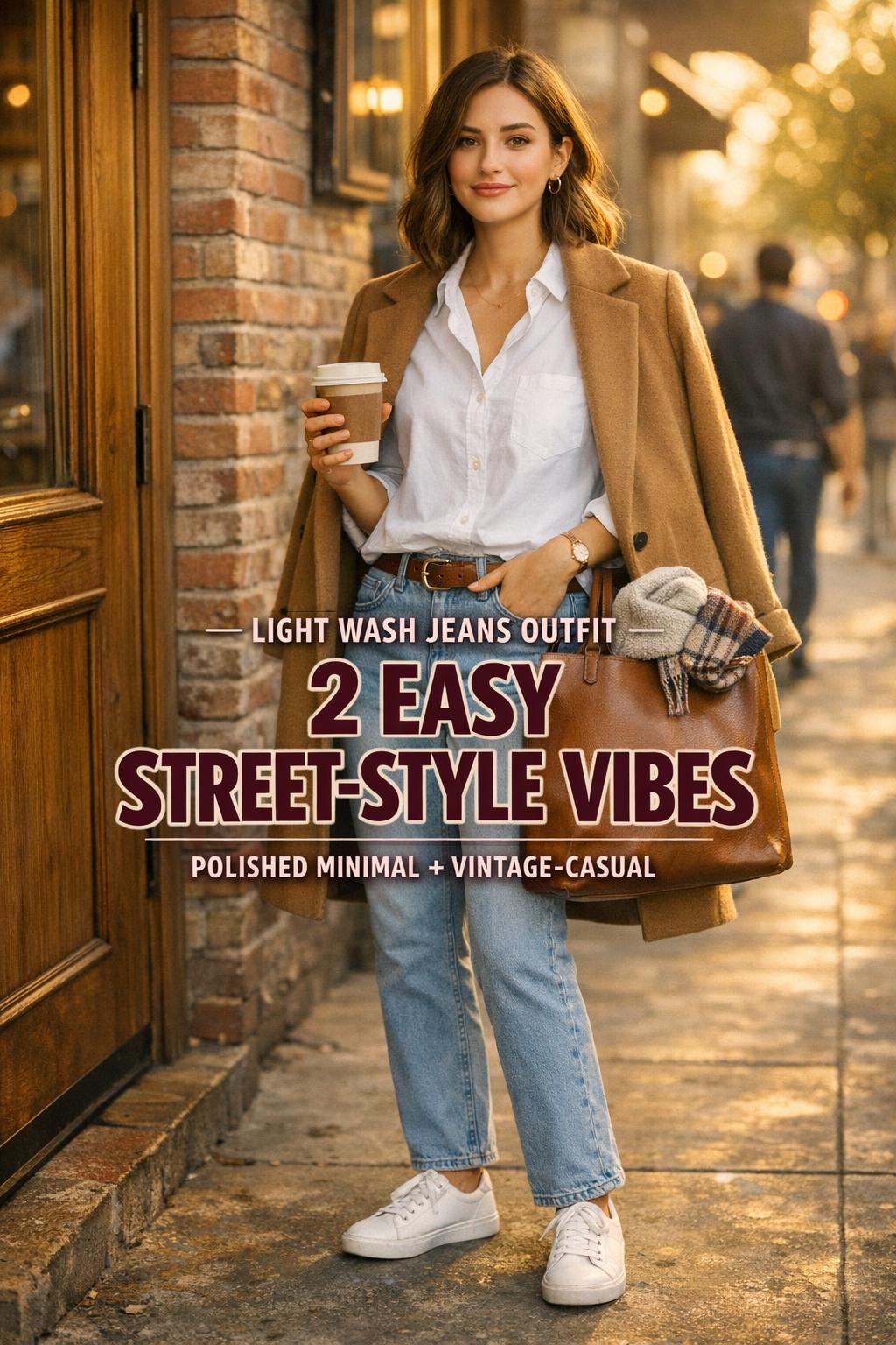 Light wash jeans outfit on a stylish woman outside a coffee shop in golden-hour city street style with two looks detail