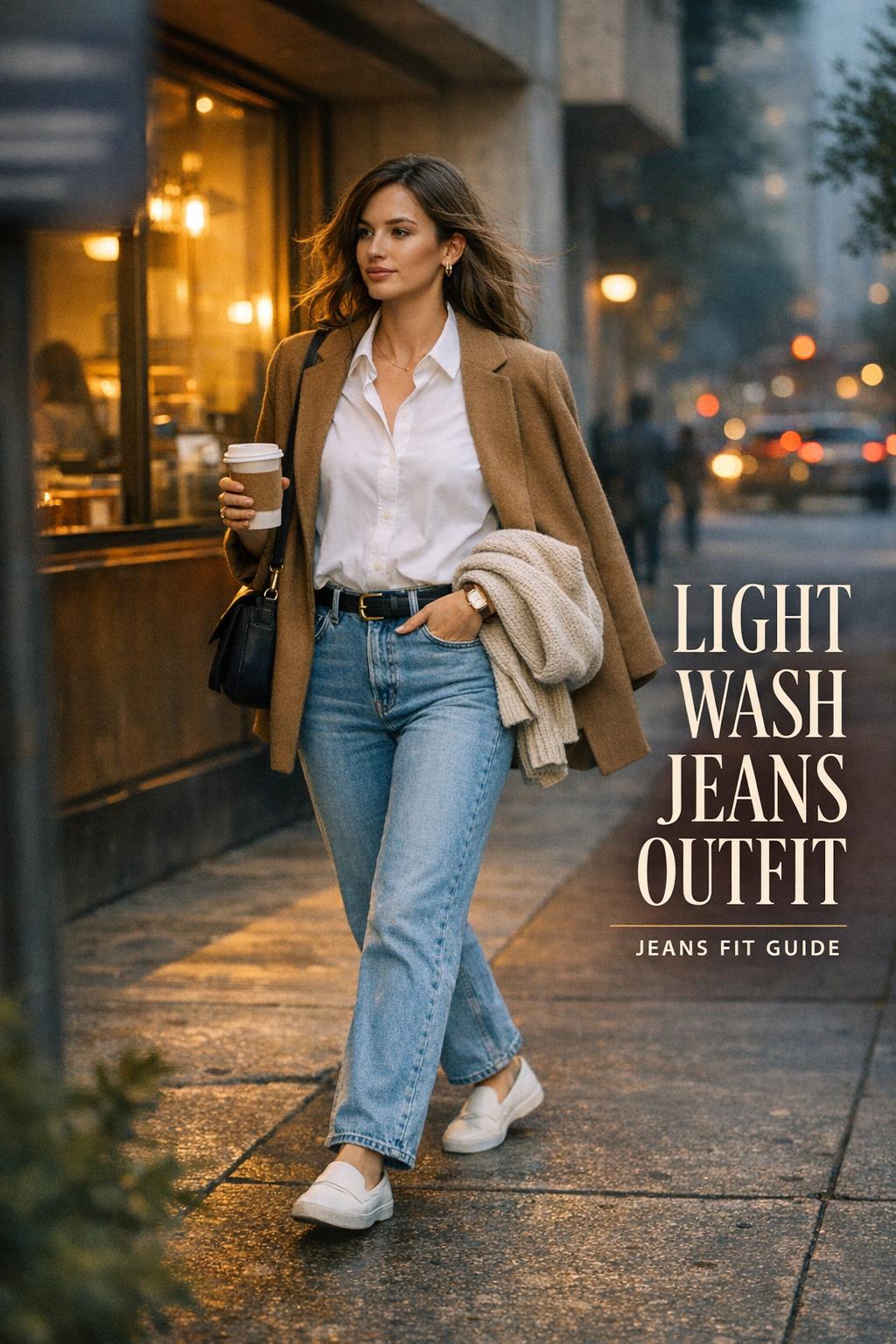 Light wash jeans outfit guide featuring a woman in high-rise denim and white button-down on a city sidewalk by a coffee shop