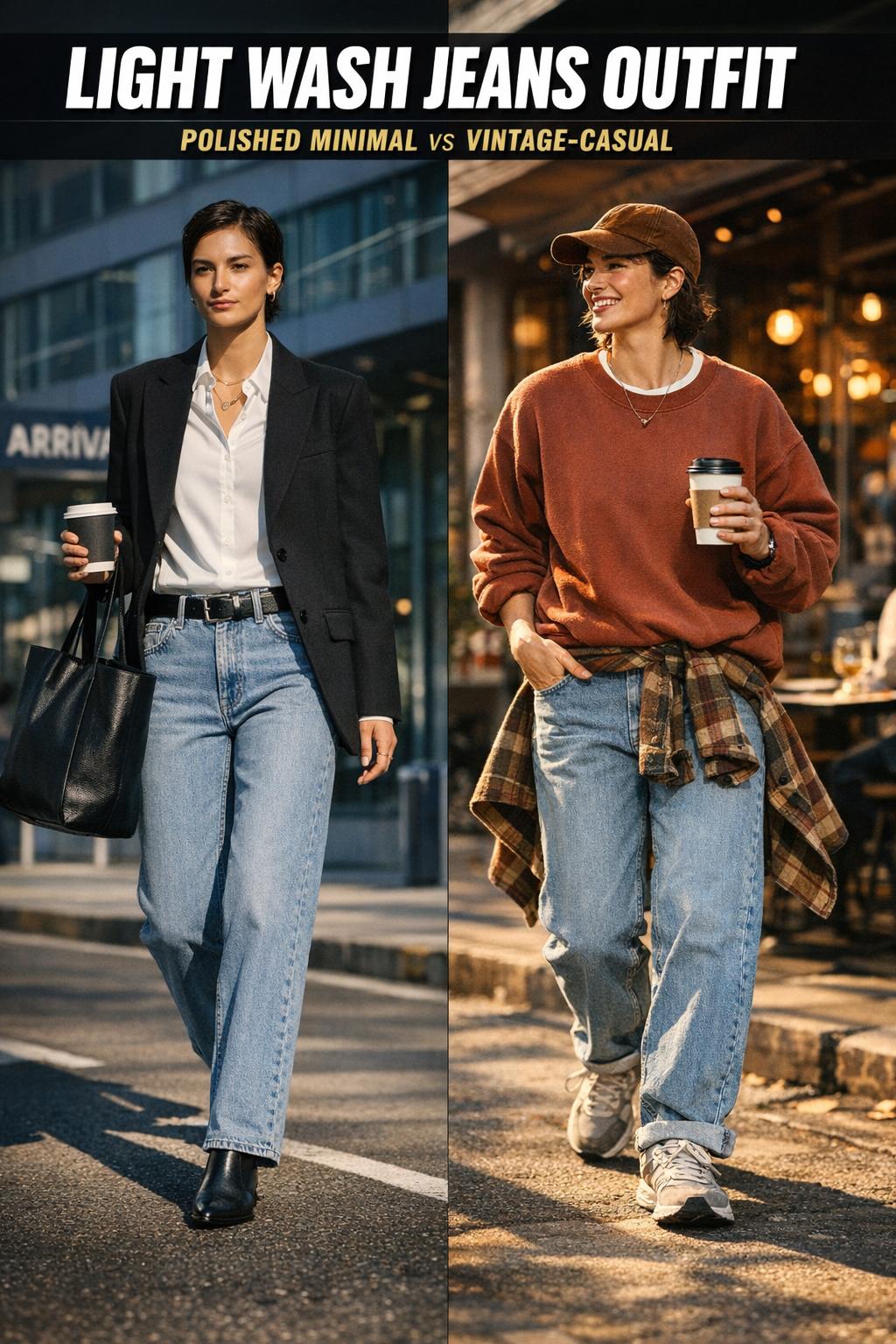 Light wash jeans outfit styled with a casual top and sneakers in a natural streetwear look.