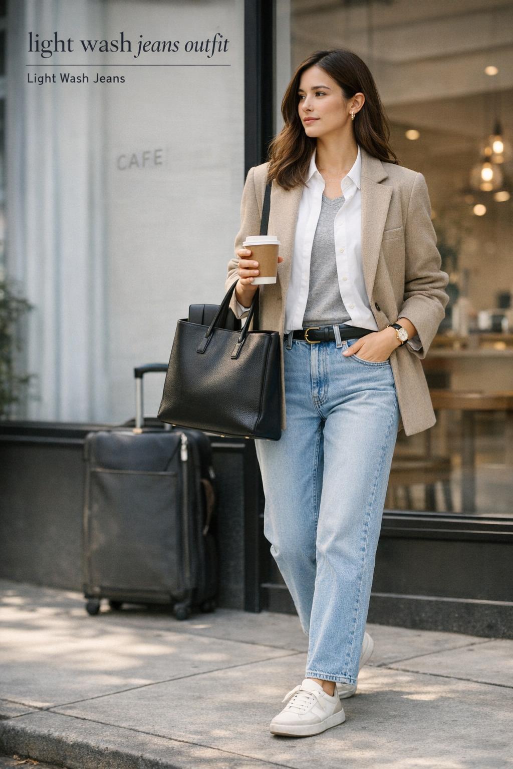 Light wash jeans outfit on a woman walking past a city cafe window with white shirt, neutral coat, and leather tote.