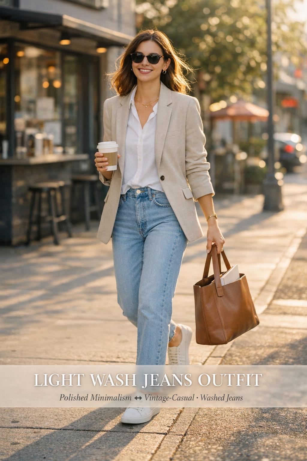 Light wash jeans outfit street style with white shirt and oatmeal blazer, woman walking by a city coffee shop at golden hour