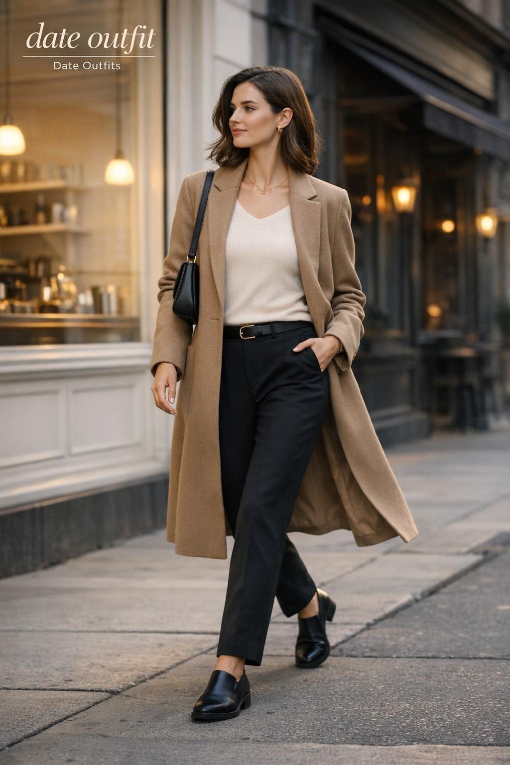 Minimalist NYC-meets-Paris street style date outfit with blazer over satin slip dress, loafers, and small shoulder bag
