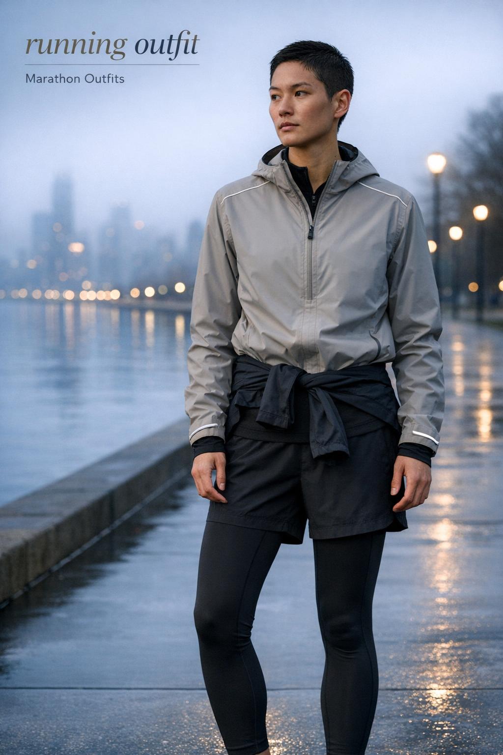 Minimalist running outfit on a dawn waterfront path, neutral technical layers with reflective accents and monochrome shoes