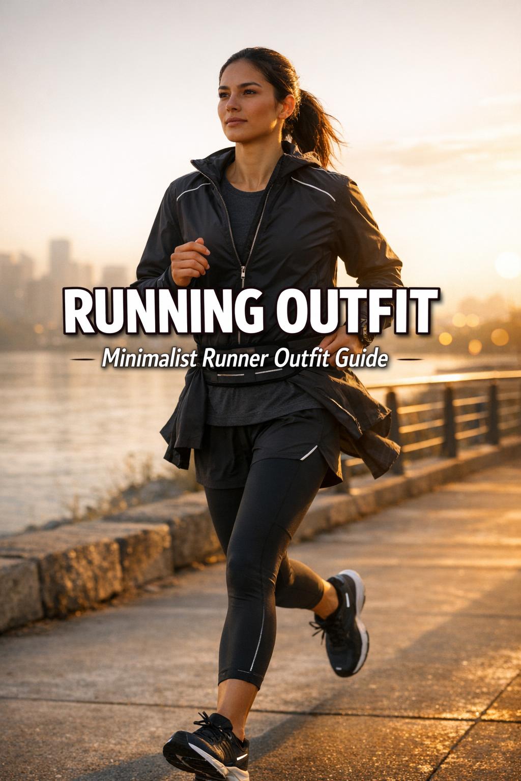 Running outfit guide featuring a minimalist runner on a golden-hour city waterfront path with warm dawn light