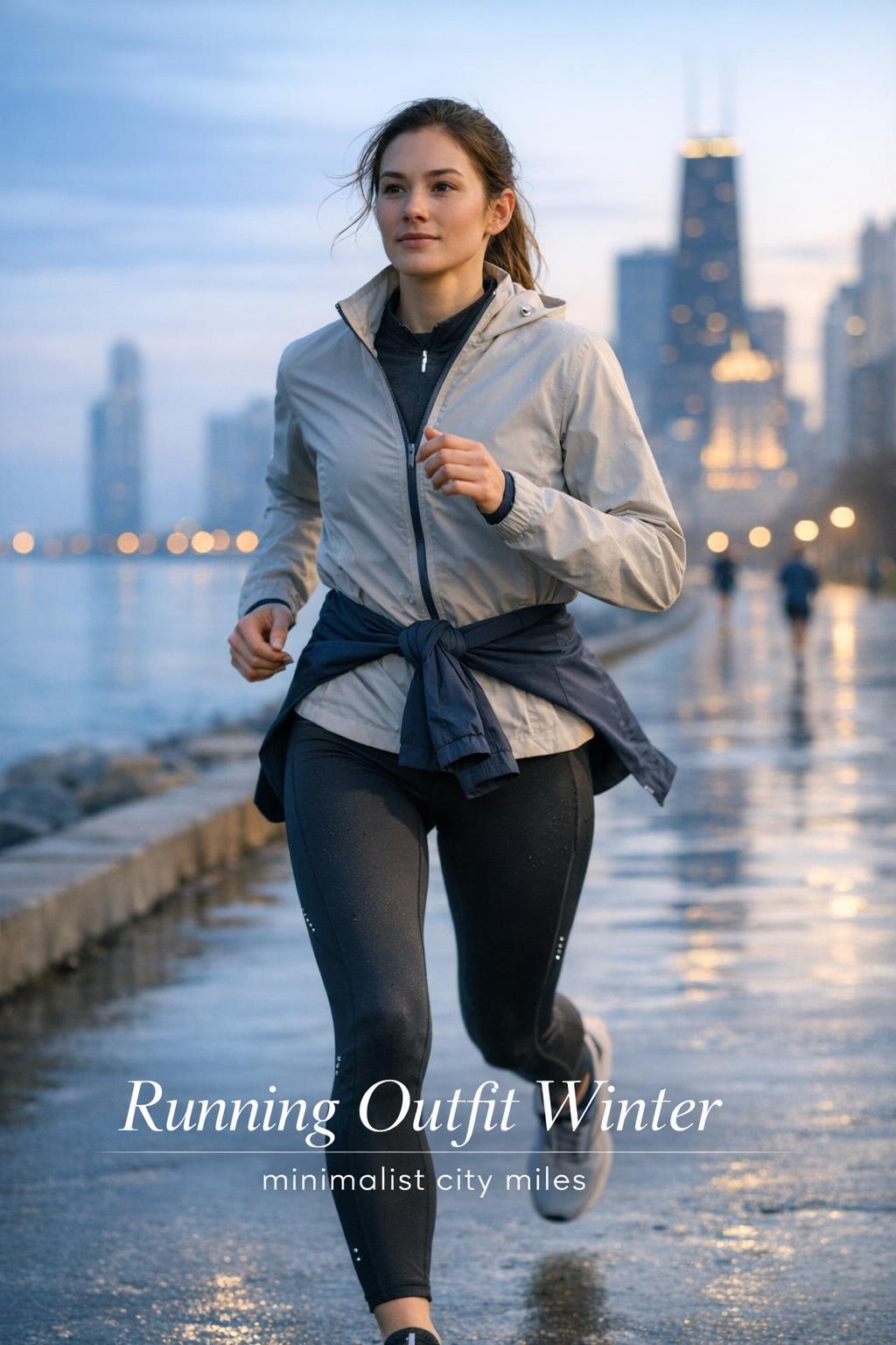 Athletic runner in a minimalist running outfit on a dawn waterfront path with a softly blurred city skyline