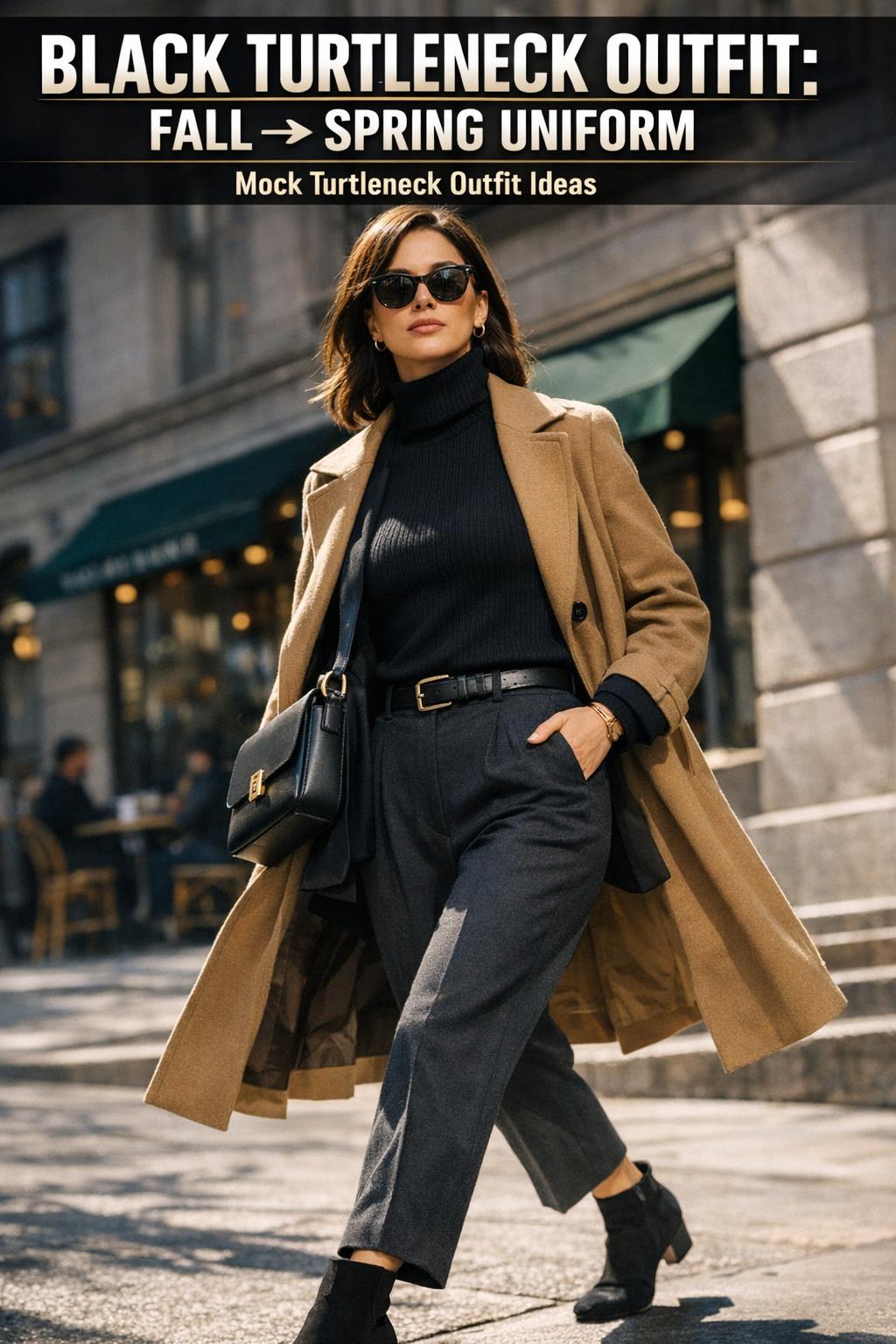 Black turtleneck outfit styled for a modern minimalist look in a natural, candid photo