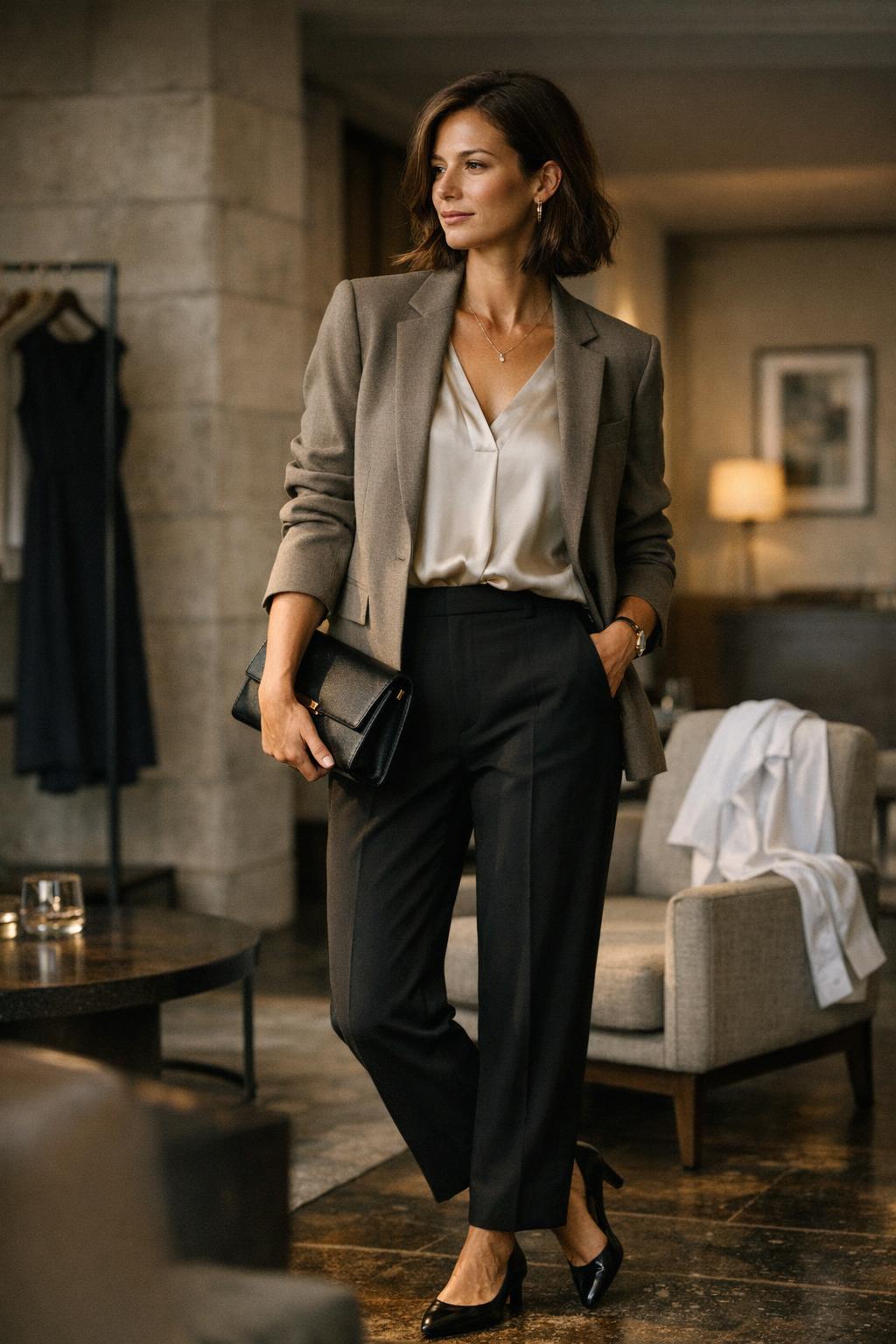 Woman in outfit semiformal with tailored blazer and trousers in an elegant European-style interior