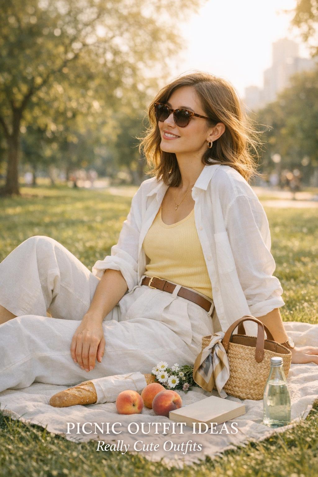Woman in a sunlit city park wearing a chic picnic outfit on a linen blanket with baguette, peaches, and wildflowers