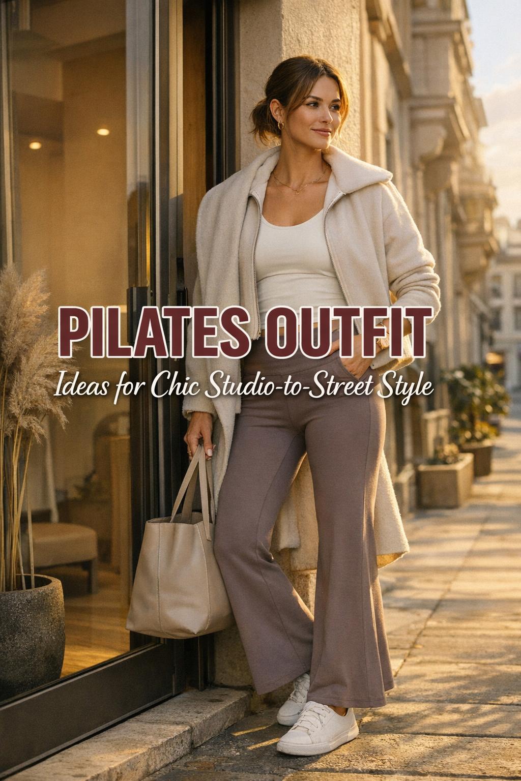 Pilates outfit inspiration with a stylish woman outside a modern studio in warm golden-hour city light