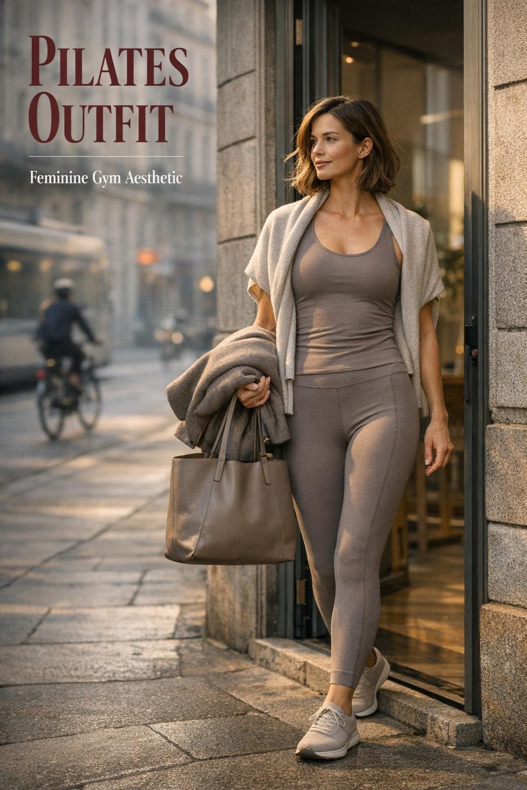 Pilates outfit on a stylish woman leaving a modern studio on a chic European city street at morning light