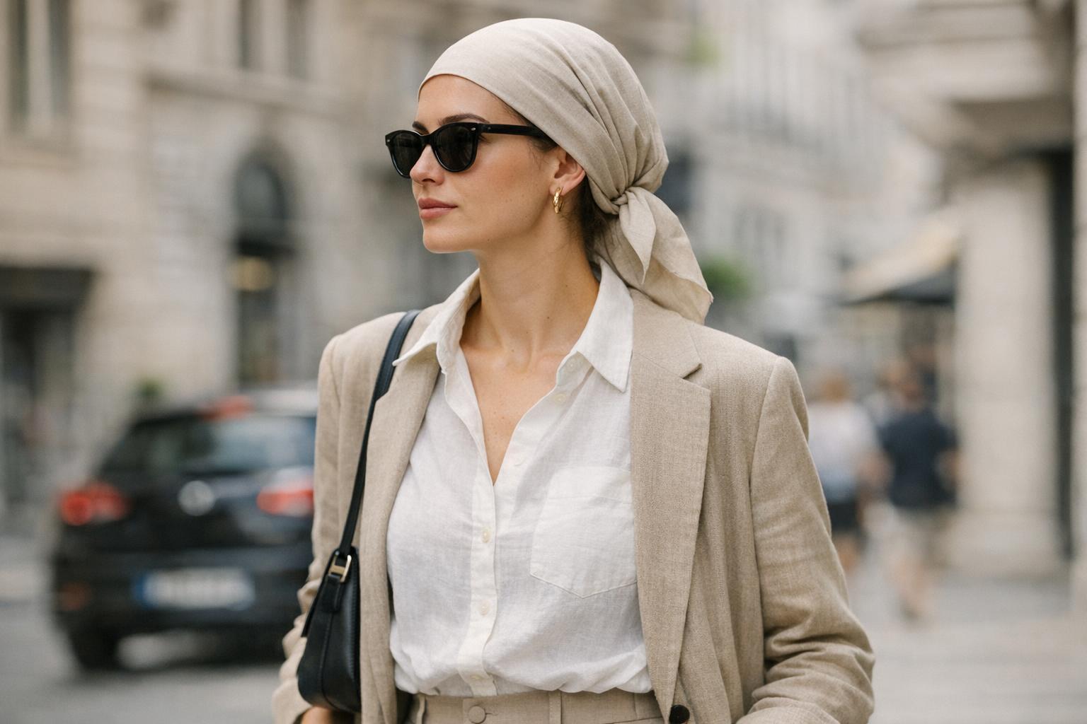 Polished head scarf outfit with a neutral wrap and tailored blazer, styled for a modern, real-life street look