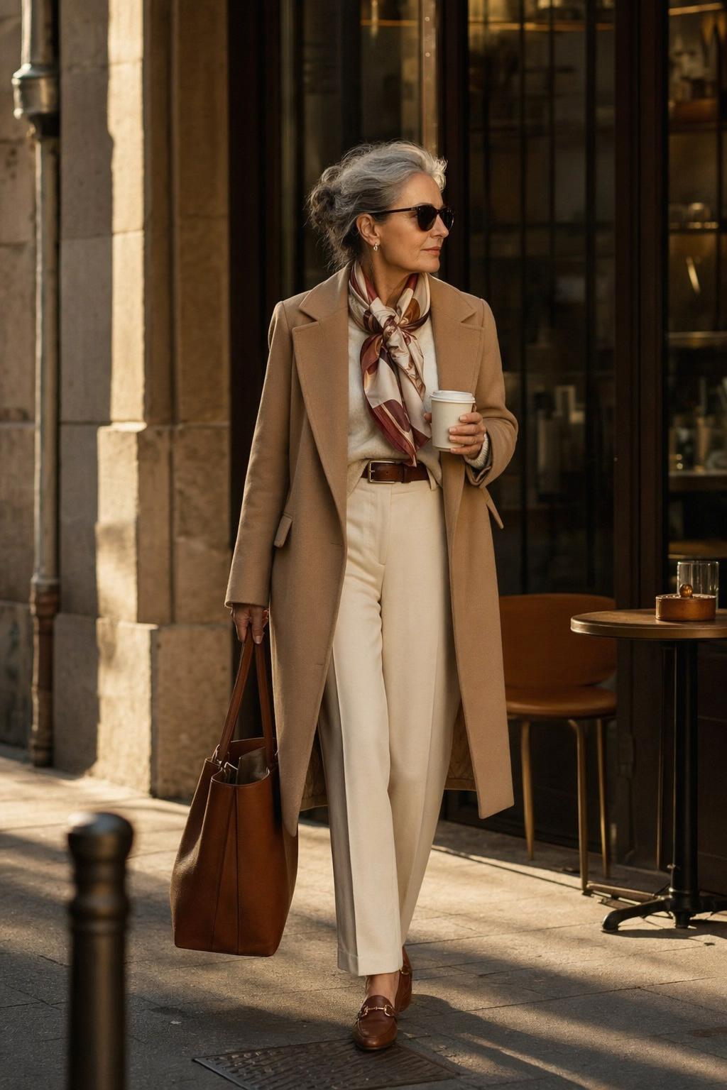 Modern woman in a polished scarf outfit on a golden-hour city street with refined urban style