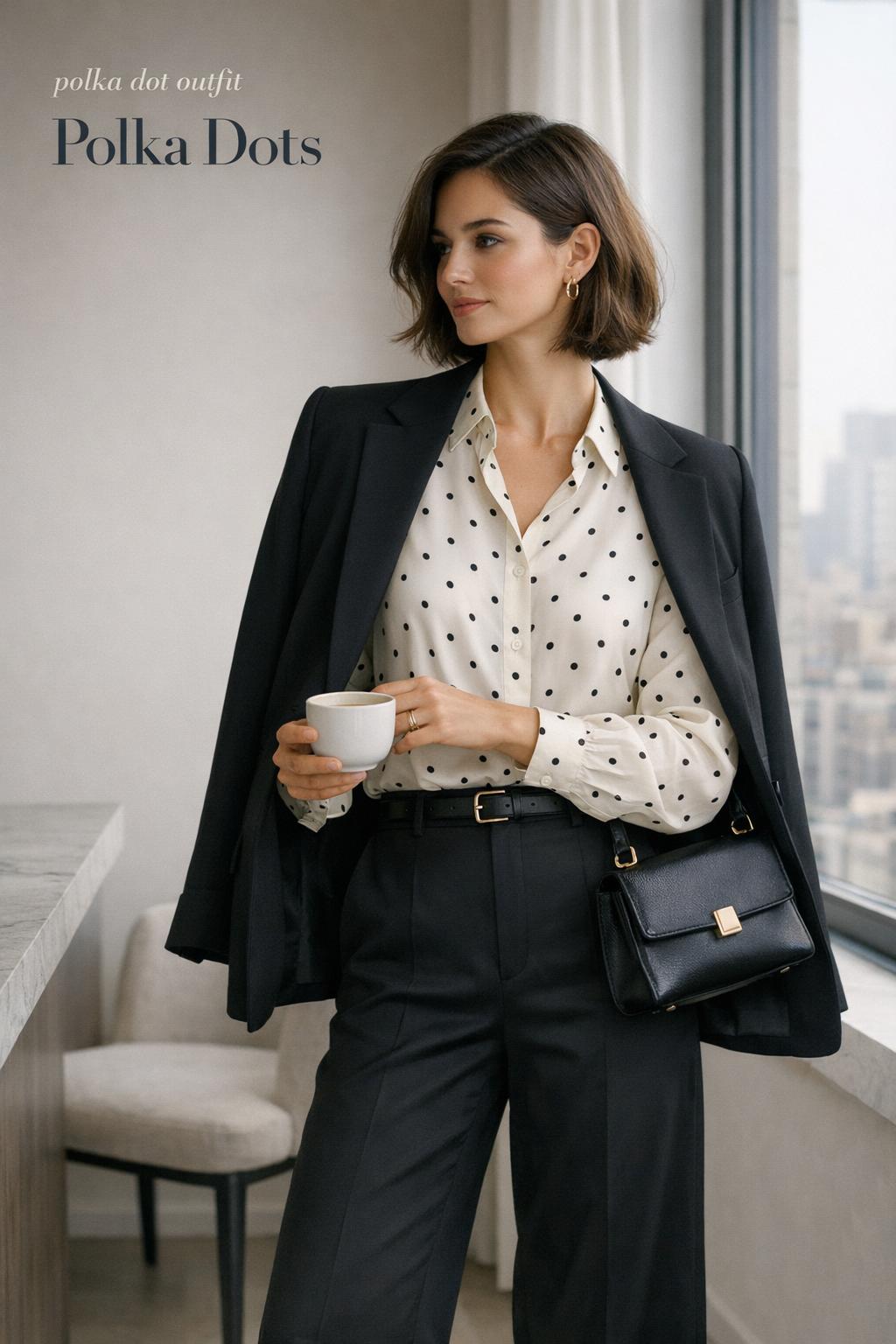 Stylish woman in a polka dot outfit with ivory blouse and black tailored trousers in a bright modern city apartment