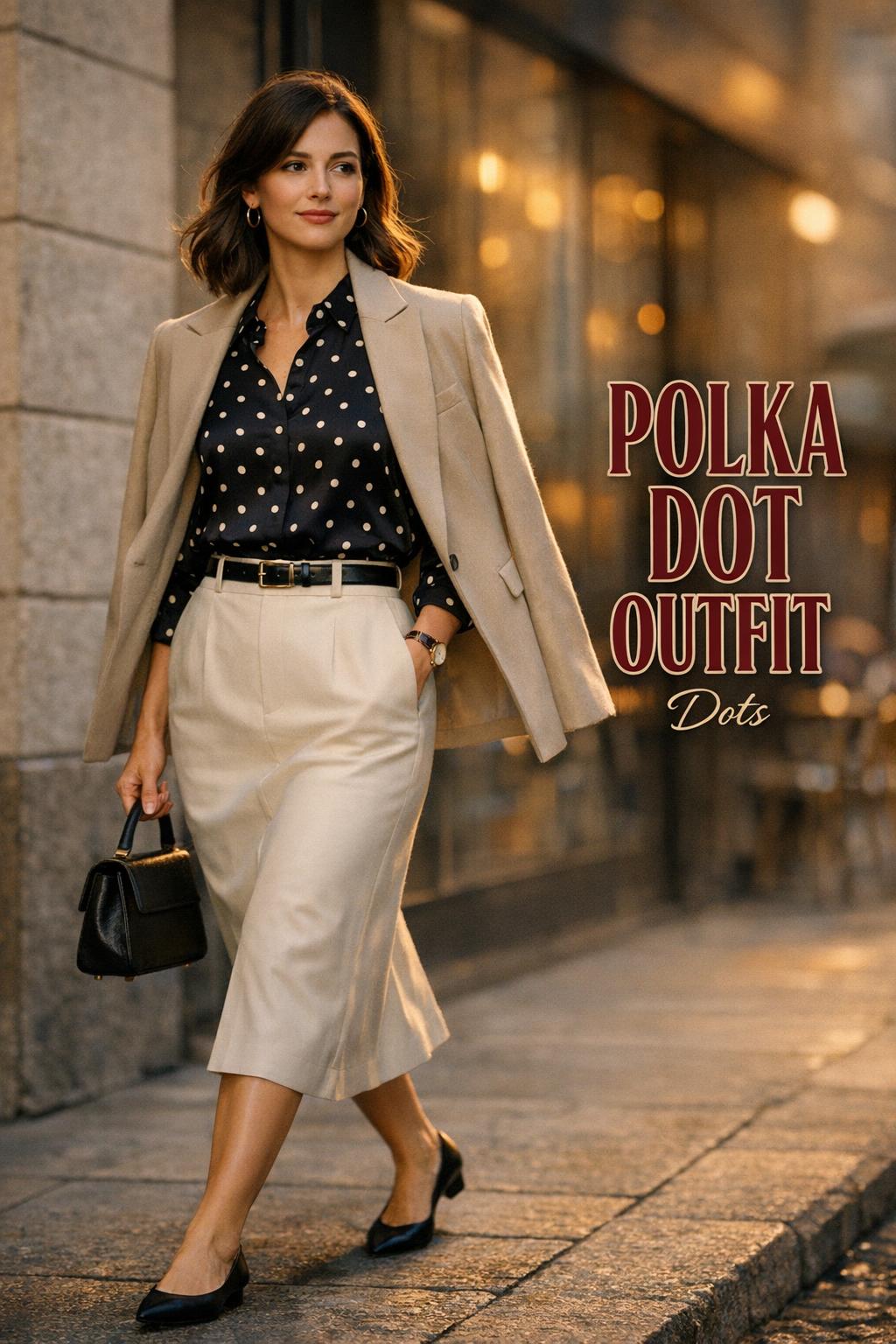 Confident woman in a polka dot outfit walking on an upscale city street at golden hour, blazer draped, candid editorial style