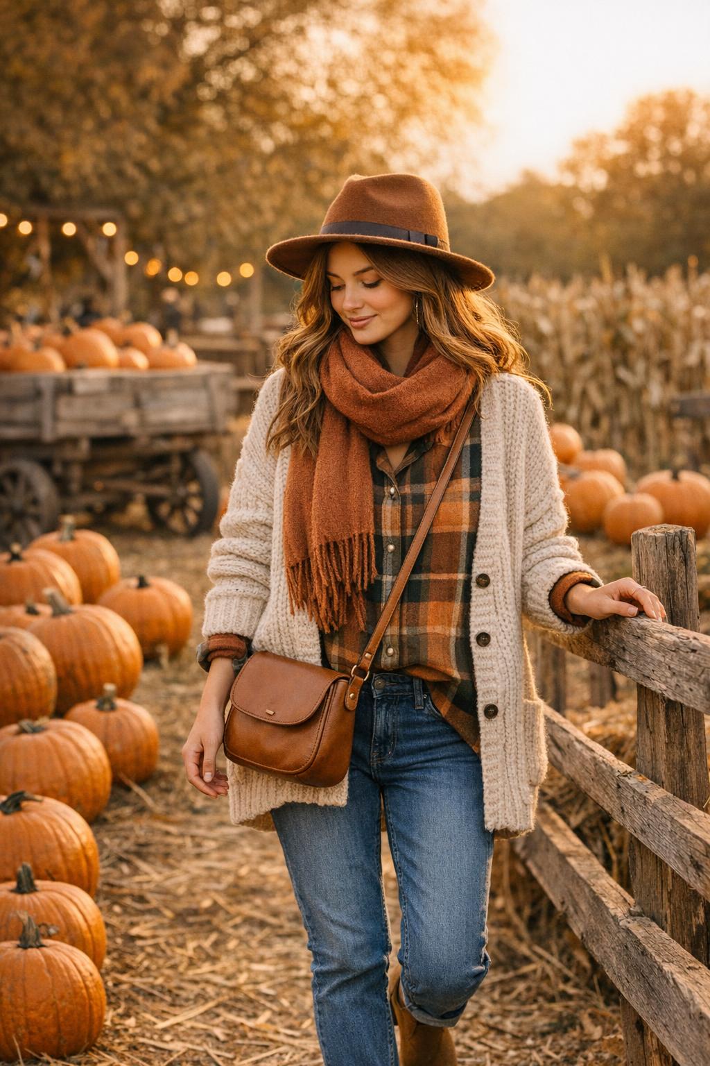 Woman in a pumpkin patch outfit at golden hour in a rustic autumn farm setting