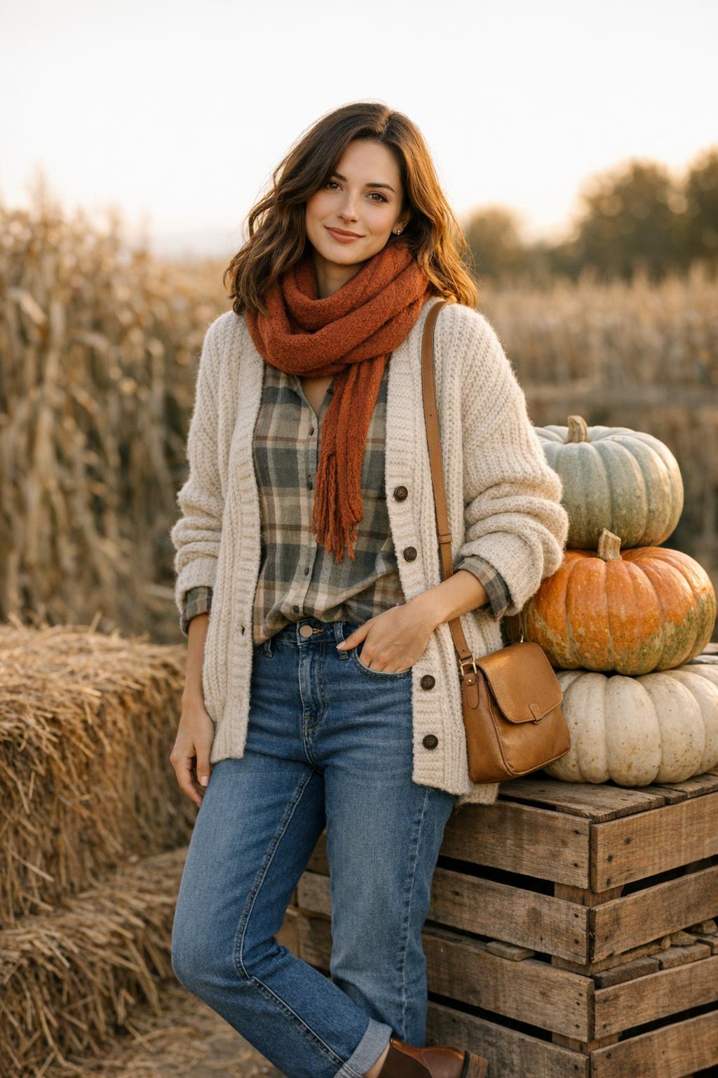 Stylish woman in a pumpkin patch outfit beside heirloom pumpkins at a rustic autumn farm during golden hour