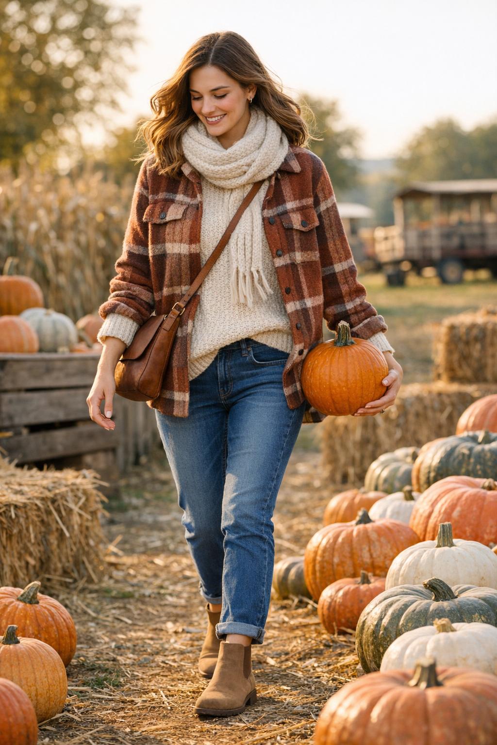 Stylish woman in a pumpkin patch outfit walking through an autumn farm with heirloom pumpkins