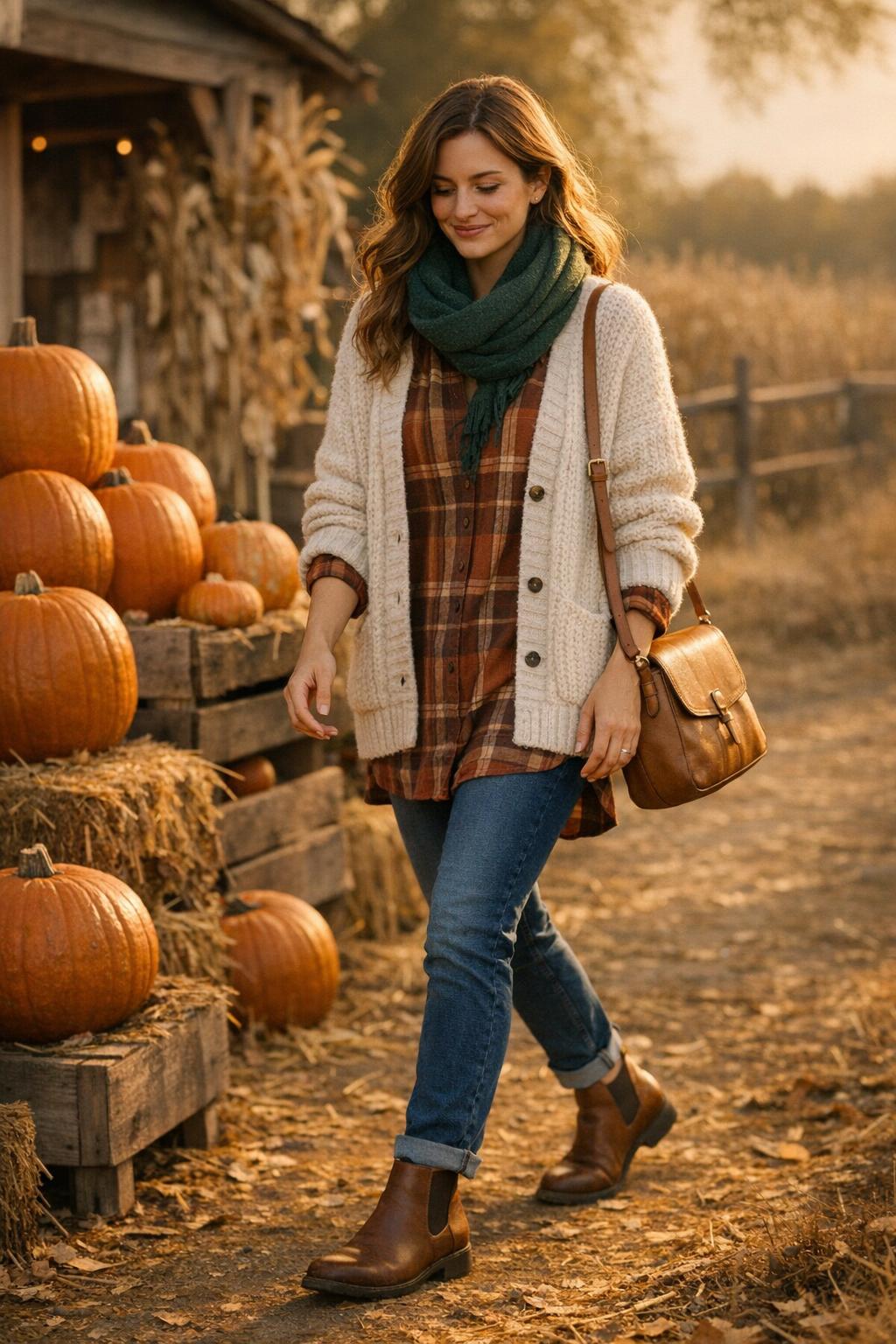 Woman in a pumpkin patch outfit walking by stacked pumpkins at a rural farm stand in golden autumn light