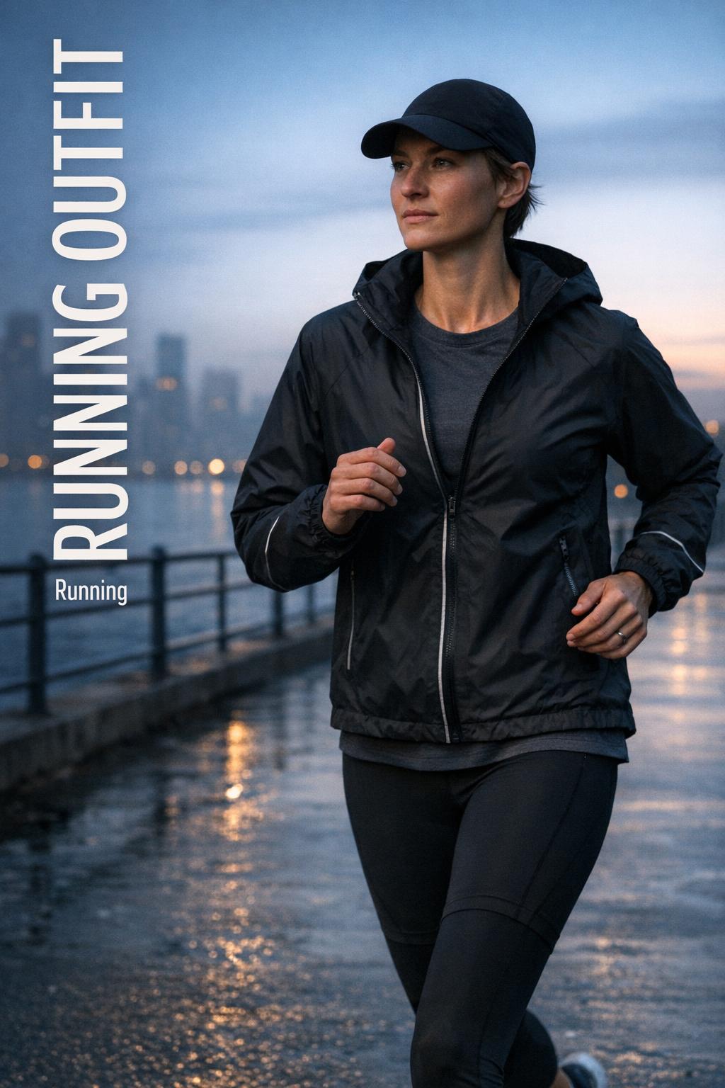 Running outfit on a calm runner at dawn on a misty waterfront path with city skyline and wet pavement