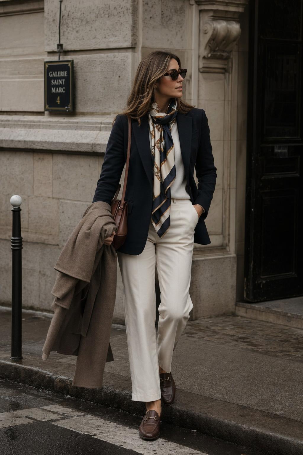 Modern woman in a scarf outfit on an elegant European city street with blazer, trousers, and loafers