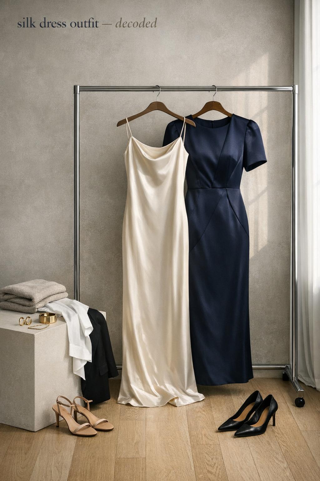 Silk dress outfit editorial photo with ivory slip and navy structured silk dresses on a minimalist studio rack in soft daylight.