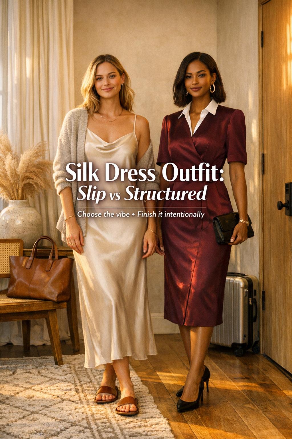 Silk dress outfit comparison of two women, slip vs structured, in a warm golden-hour loft entryway with travel details.