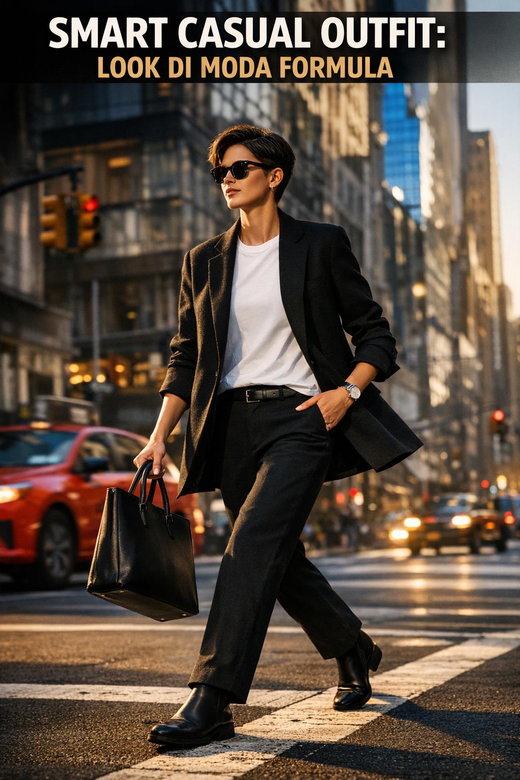 Smart casual outfit with blazer, shirt, and chinos in a modern urban street setting