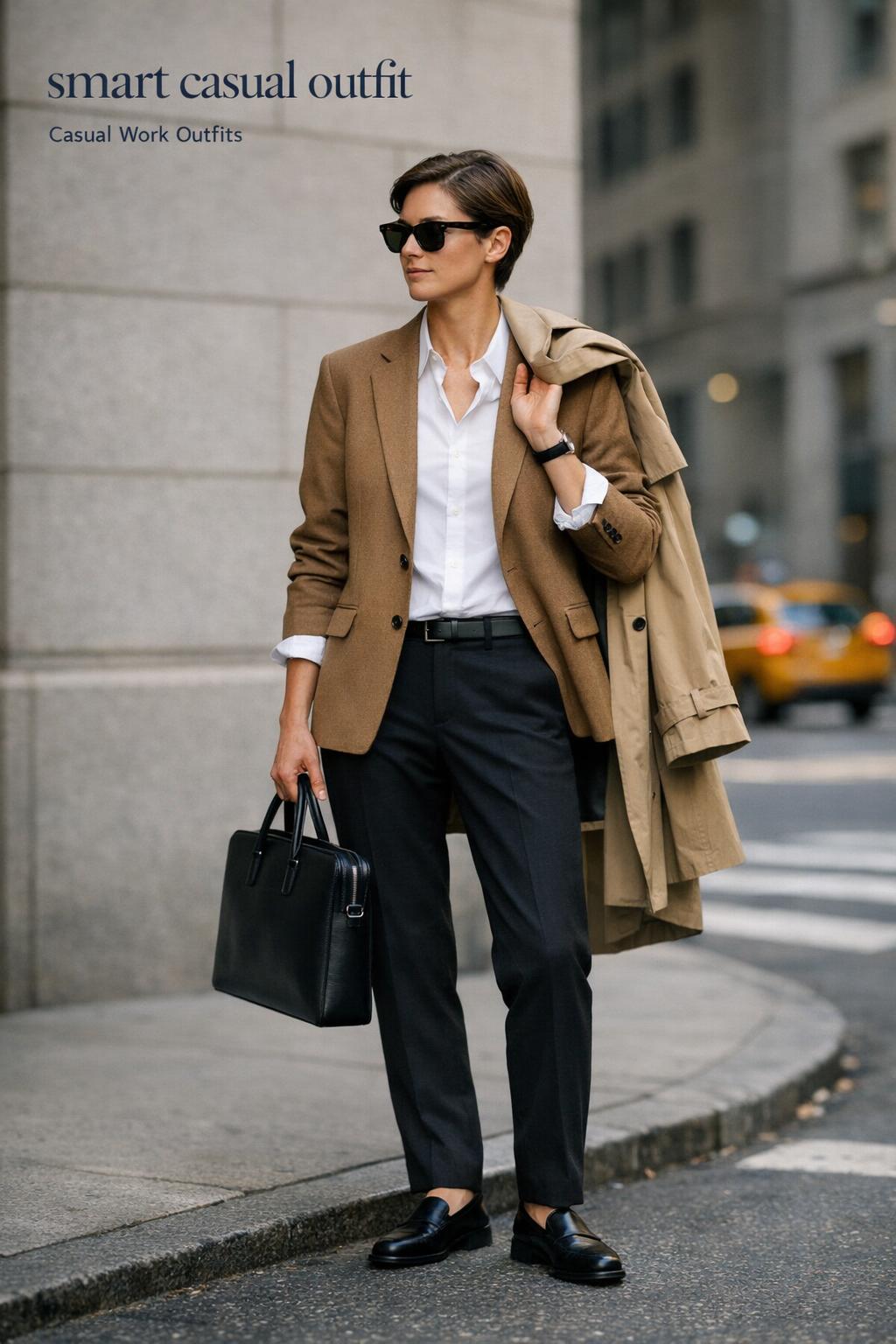 Smart casual outfit street style outside a modern NYC office building with blazer, white shirt, dark trousers, loafers, and tote