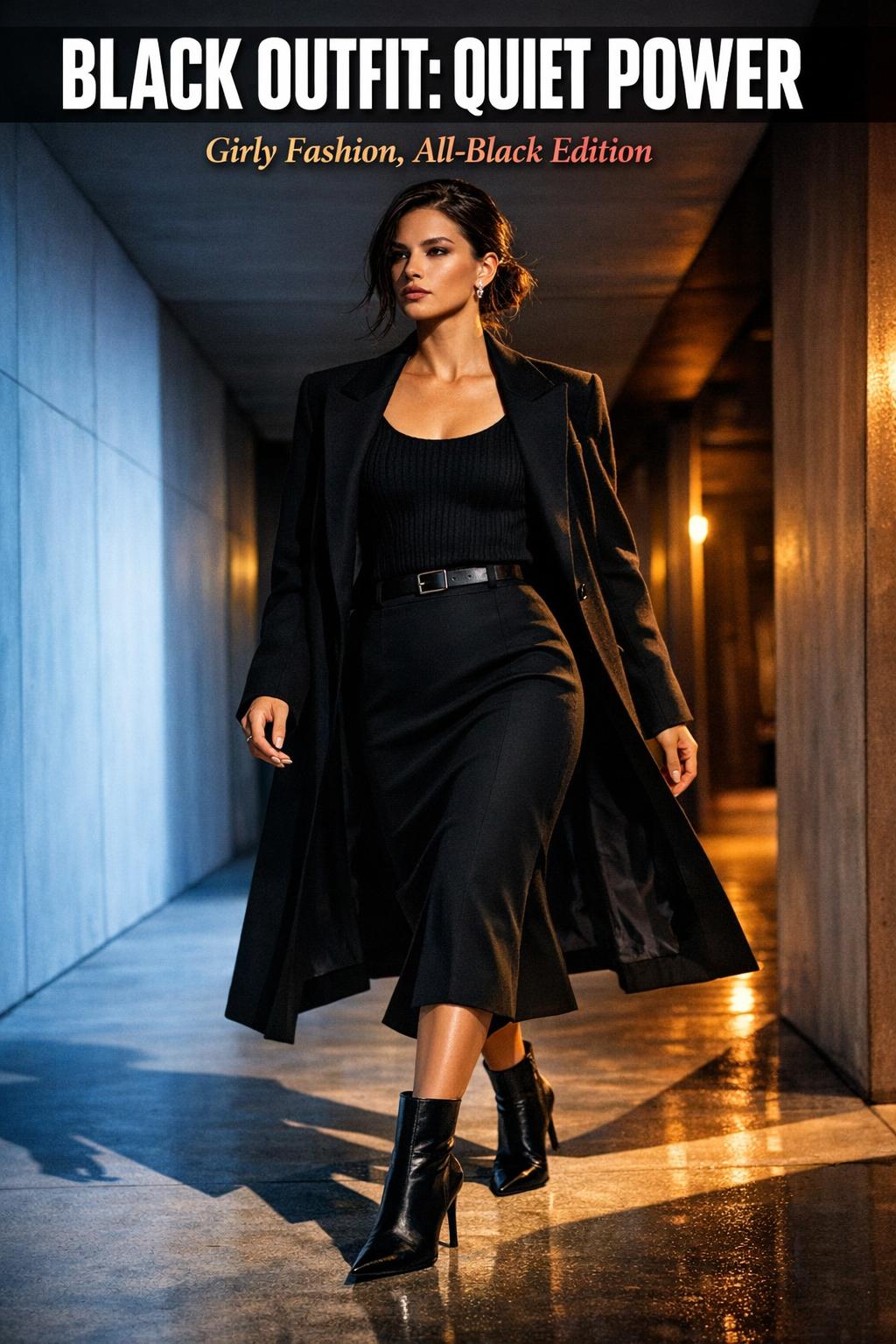 Woman wearing a stylish black outfit in a modern urban setting
