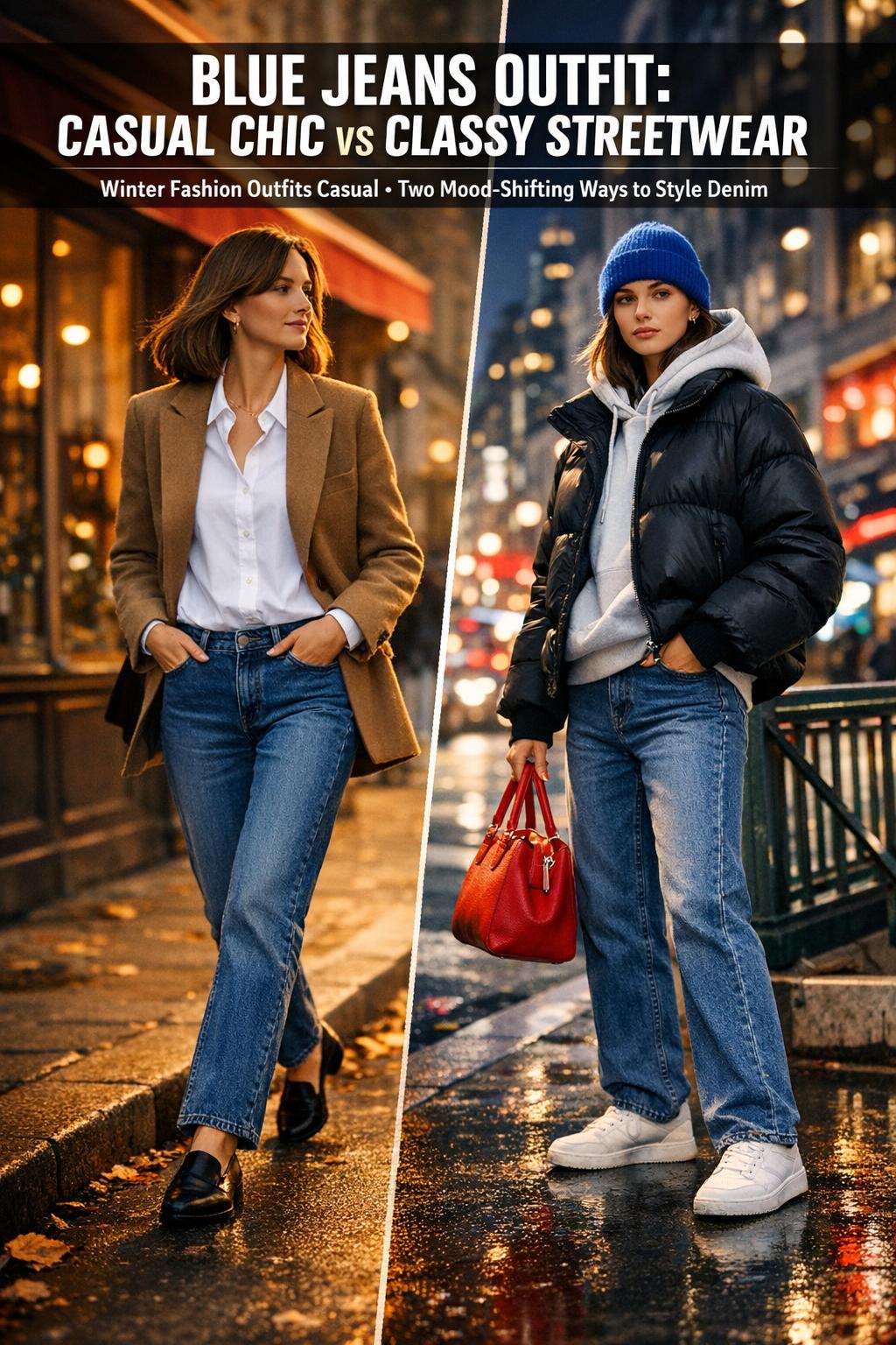 Stylish blue jeans outfit with casual top and sneakers in natural daylight