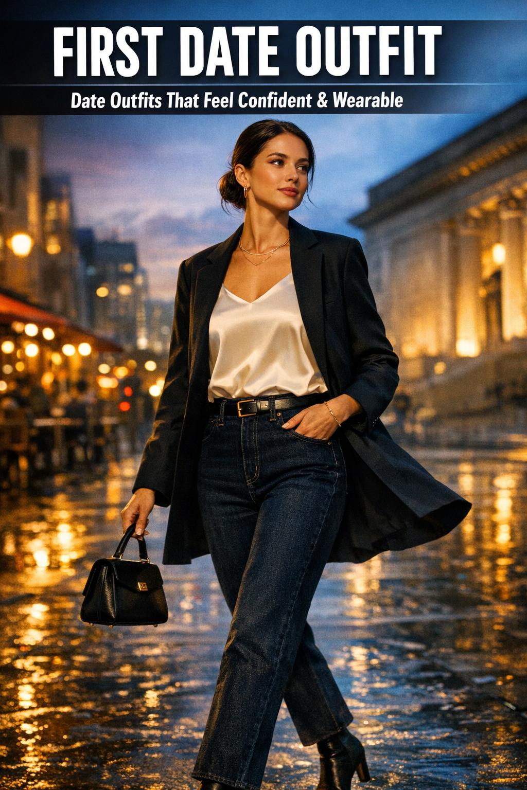 Stylish first date outfit with a classic jacket, fitted jeans, and clean sneakers in a city street setting