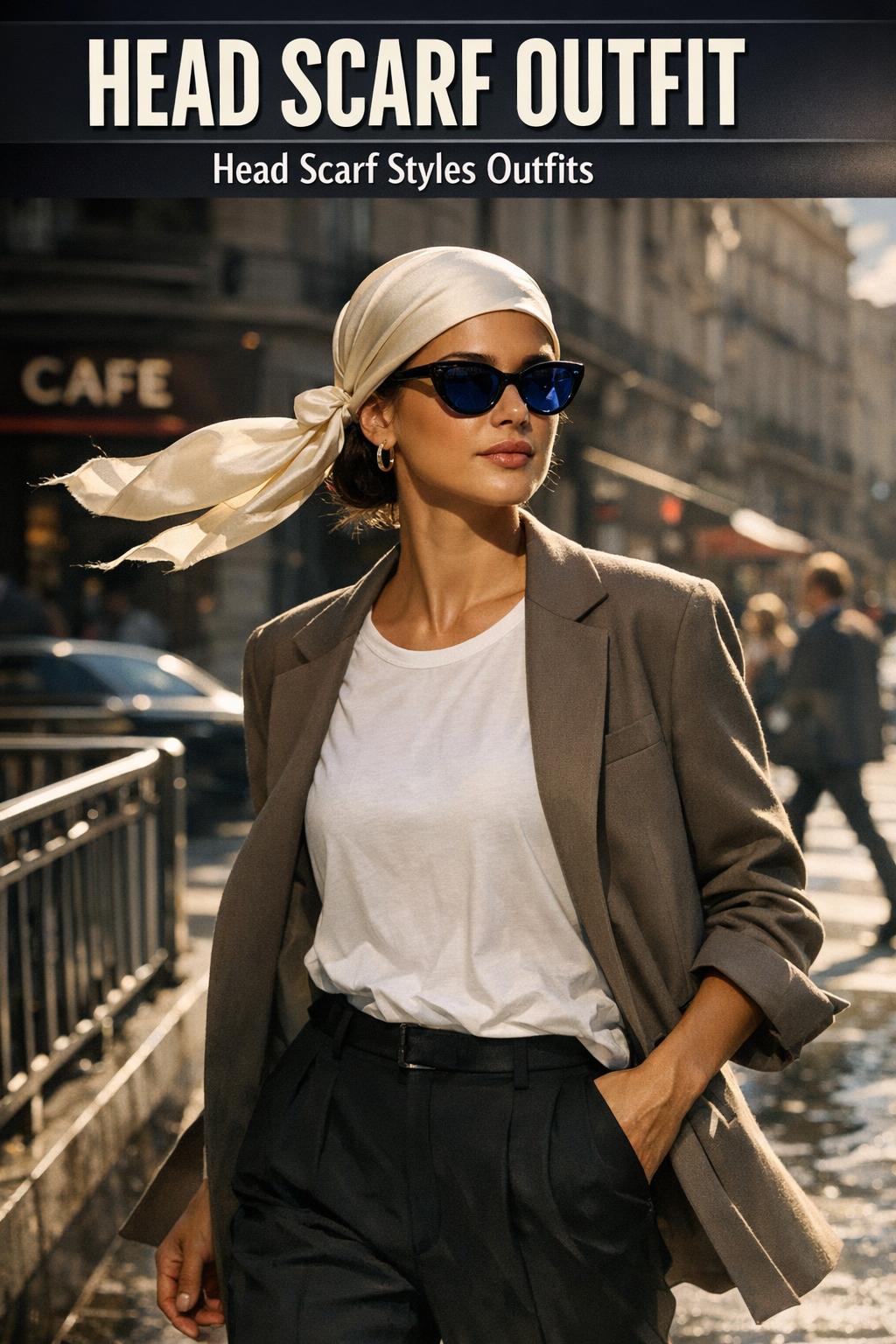 Stylish head scarf outfit with a silky scarf and neutral-toned clothing in natural light
