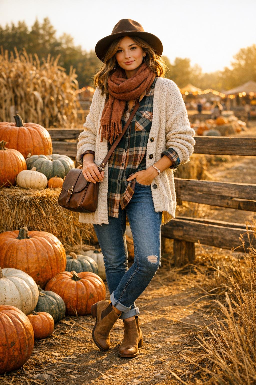 Stylish pumpkin patch outfit with cozy sweater, jeans, and boots in a sunny autumn field